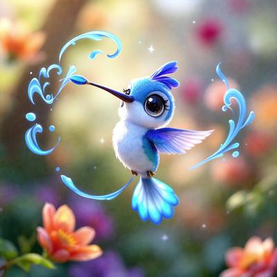 The primary subject of the image is a small, colorful bird with blue wings and a long beak. The bird is perched on a branch and appears to be flying through the air. The setting is a garden with a variety of flowers, creating a vibrant and lively atmosphere. The visual style of the image is a combination of photo and digital art, giving it a unique and artistic appearance. The dominant colors in the image are blue, pink, and yellow, which contribute to the overall cheerful and lively mood.